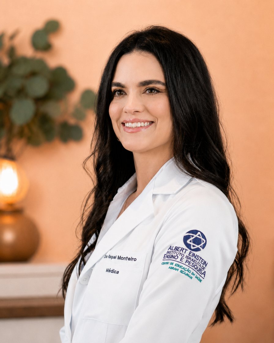 Dra. Raquel Monteiro, médica clínica geral que atende por telemedicina, de jaleco branco
